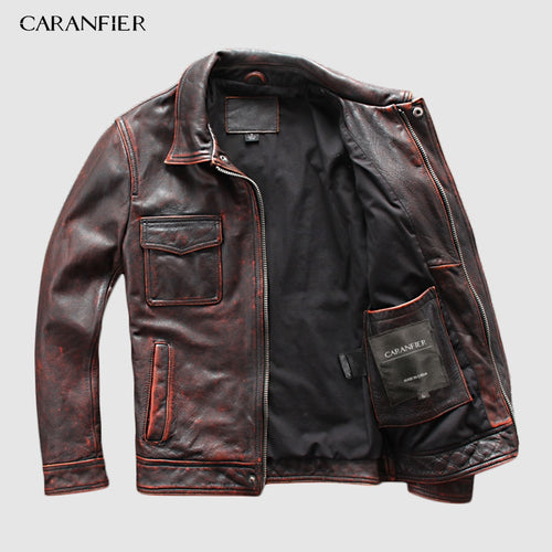 CARANFIER DHL Free Shipping Mens 100% Cowhide Genuine Leather Jacket  High quality old retro motorcycle leather jacket 3XL