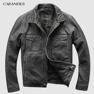 CARANFIER DHL Free Shipping Mens 100% Cowhide Genuine Leather Jacket  High quality old retro motorcycle leather jacket 3XL
