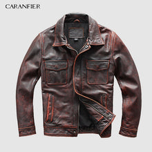 Load image into Gallery viewer, CARANFIER DHL Free Shipping Mens 100% Cowhide Genuine Leather Jacket  High quality old retro motorcycle leather jacket 3XL