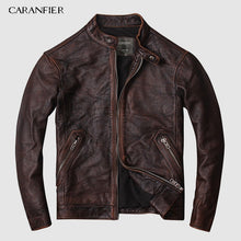 Load image into Gallery viewer, CARANFIER DHL Free Shipping Mens 100% Cowhide Genuine Leather Jacket  High quality old retro motorcycle leather jacket 3XL