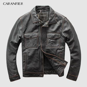 CARANFIER DHL Free Shipping Mens 100% Cowhide Genuine Leather Jacket  High quality old retro motorcycle leather jacket 3XL